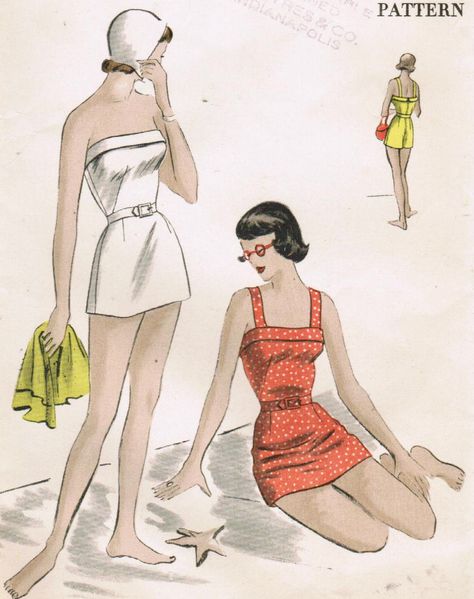 1949 40s Swimwear, Swimwear Patterns, 1940s Vogue, Vintage Bathing Suit Patterns, 40's Fashion, Construction Images, Retro Bathing Suits, 1940's Fashion, Patron Vintage