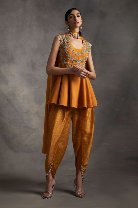 Kurta With Dhoti, Bhumika Sharma, Haldi Outfits, Embroidered Motifs, Dhoti Pants, Peplum Styling, Peplum Styles, Embroidered Neckline, Kurta With Pants