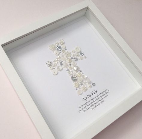 Button Wall Art, Wall Art Silver, Baby Boy Art, Goddaughter Gifts, Deep Box Frames, 1st Communion, Baby Baptism, Girl Christening, Christening Gowns