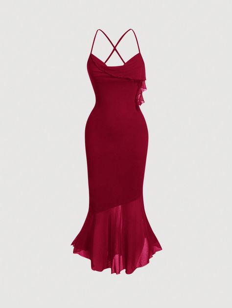 Women's Asymmetric Collar Cross Straps Slim Fit Fish Tail Halterneck Red Dress Burgundy Sexy,Party  Sleeveless Knitted Fabric Plain Cami Medium Stretch  Women Clothing, size features are:Bust: ,Length: ,Sleeve Length: Teacher Dresses, Red Homecoming Dresses, Fishtail Skirt, Shein Dress, Vestidos Vintage, Halterneck Dress, Women Long Dresses, Bohemian Dress, Kids Beachwear