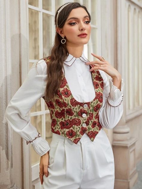 Floral Print Vest Blazer | SHEIN USA Formal Vest Outfits For Women, Floral Vest Outfit, Waist Coat Outfit Women, Waist Coat For Women, Indian Vest, Vest Outfits For Women, Floral Vest, Floral Print Blazer, Women Blazers