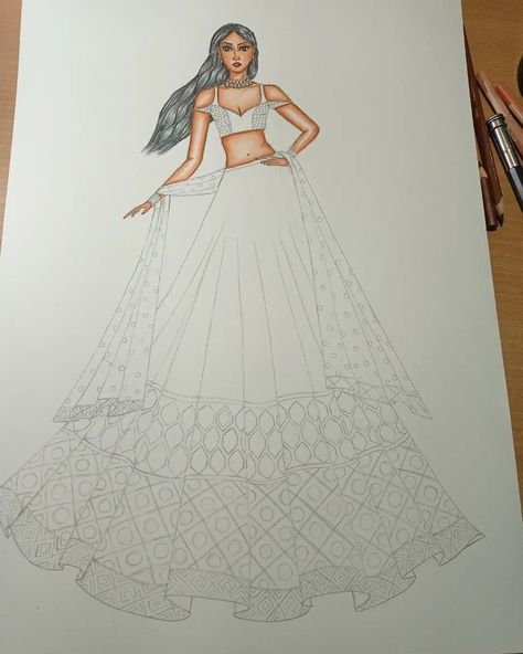 Croquis, Illustration Of Lehenga, How To Draw Lehenga Sketch, Design Dresses Drawing Fashion Sketches, Fashion Design Sketches Lehenga, Lehanga Fashion Illustration, Bridal Lehangas Illustration, Bridal Lehenga Sketch Drawing, Lengha Illustration Sketch