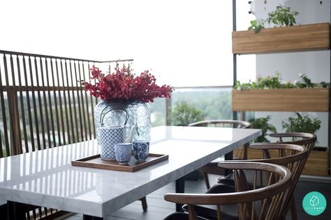 Project-File-Thomson-Road-Balcony-Dining-2 Balcony Dining Ideas Apartment, Outdoor Dining Balcony, Outdoor Balcony Dining Ideas, Dining Table In Balcony, Small Balcony Dining Ideas, Balcony Dining Ideas, Masionette Hdb Balcony, Hdb Balcony, Hdb Mansionette Balcony