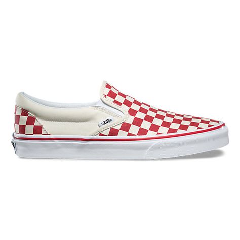 The Primary Check Classic Slip-On features sturdy low profile slip-on canvas uppers with the iconic Vans checkerboard print, padded collars, elastic side accents, and signature rubber waffle outsoles.<br/> Mens Red Shoes, Red White Shoes, Mens Slip On Sneakers, Checkered Shoes, Mens Slip On Shoes, Vans Checkerboard, Slipon Shoes, New Vans, Women's Slip On Shoes