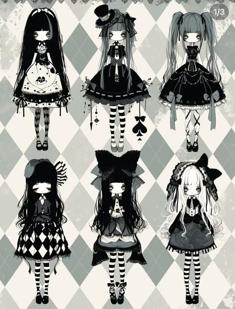 Chibi Traditional Art, Ghost Characters Design, Gothic Doll Outfit, Haunted Doll Drawing, Outfit Idea Drawing, Goth Outfits Drawing, Doll Oc Drawing, Goth Lolitas, Creepy Outfits