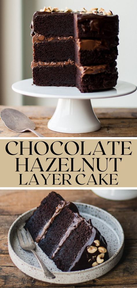 This decadent cake is made with layers of moist, rich chocolate cake, creamy hazelnut frosting, and fudgy, silky smooth chocolate filling. This chocolate hazelnut cake is the ultimate treat for any celebration or holiday! Hazelnut Filling For Cakes, Best Nutella Recipes, Hazelnut Frosting, Fudgy Chocolate Cake, Chocolate Hazelnut Cake, Nutella Lover, Best Christmas Desserts, Cake Filling, Hazelnut Cake