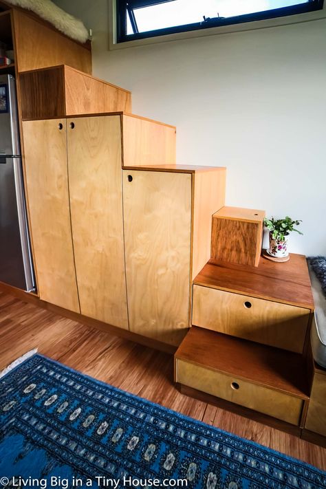 Inside Tiny Houses, House Bus, Storage Stairs, Tiny House Stairs, Tiny House Storage, Small Tiny House, Tiny House Loft, Tiny House Layout, Best Tiny House