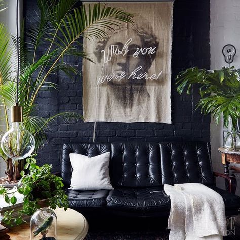 Decor Styles to Mix - Hygge Gothic Jungalow | If you're sick your mishmash decor looking like every other "eclectic" space you've ever seen, maybe a more streamlined hybrid design is what you need. Here are five new decorating styles that are a hybrid of two existing aesthetics to get your creative juices flowing and inspire your best home yet. Decor Ikea, Interior Minimalista, Versace Home, 아파트 인테리어, Dark Interiors, Style Deco, Style At Home, A Living Room, Dream Decor