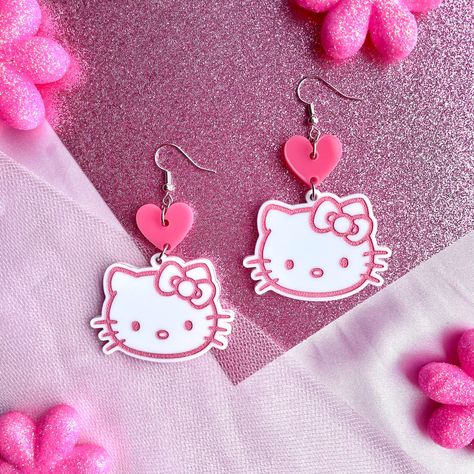 "Kawaii Kitty earrings!  Handmade with laser cut acrylic and nickel free :) Dimensions are approx. 2\" L x 1.75\" W." Laser Cut Acrylic Earrings, Laser Engraved Earrings, All Out Anime, Hello Kitty Earrings, Laser Cut Earrings Acrylics, Kawaii Earrings, Laser Cut Jewelry, Gift Inspo, Laser Cut Acrylic