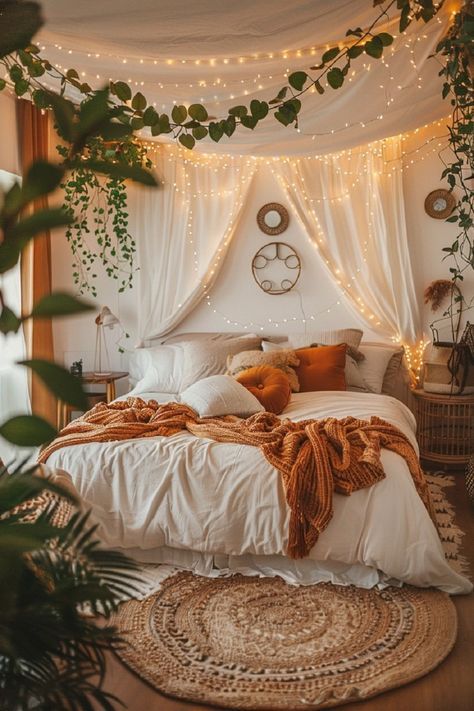 Country Romantic Bedroom, Cozy Bedroom On A Budget, Cozy Bedroom Ideas Big Room, Girl Boho Bedroom Ideas, Bedroom For Couples Ideas, Canopy Bed Ideas Boho, Corner Bed Ideas Tiny Bedrooms, Boho Attic Bedroom, Boho Cozy Bedroom