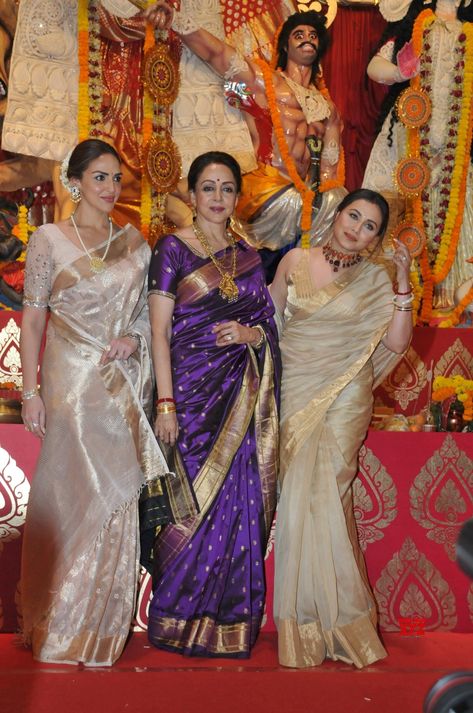 Kajol Saree, Saree Inspiration, Durga Pooja, Bridal Anklet, Bengali Saree, Jhumka Designs, Rani Mukherjee, Rani Mukerji, Hema Malini