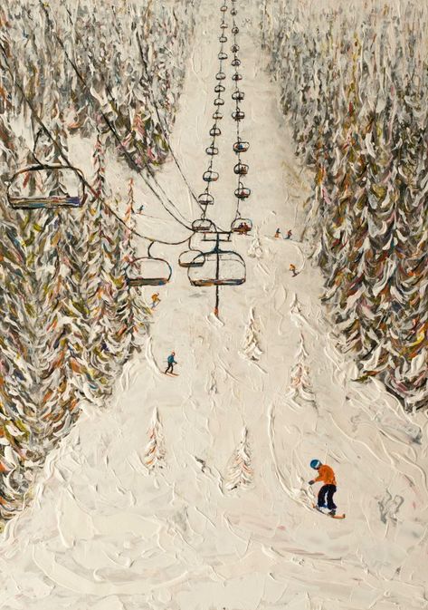 Ski Lift Painting, Ski Mountain Painting, Snowboarding Painting, Snowboard Painting, Snowboarding Art, Skiing Painting, Ski Painting, Ski Artwork, Skiing Art