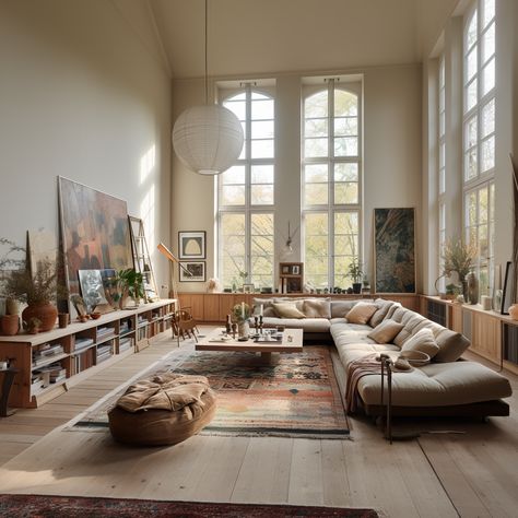 Large Loft Living Room Ideas, Living Room With Artwork, Busy Interior Design, Old Modern Living Room, Living Working Space, Modern Danish House, European Eclectic Design, Transitional Interior Design Style Apartment, Neo Industrial Interior Design