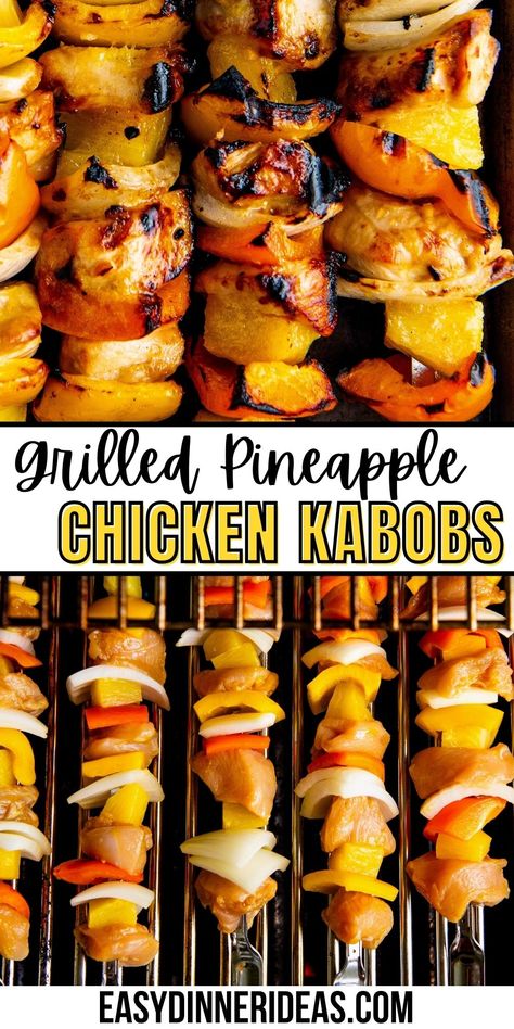 These juicy grilled chicken pineapple kabobs with vibrant bell peppers and sweet caramelized pineapple and onion are an easy 30-minute dinner. Marinated with a sweet-and-savory sauce and grilled to perfection, it'll be your new go-to chicken kabob recipe. #chickenskewers #grillingrecipe Grilled Chicken And Pineapple Kabobs, Grilled Pineapple Chicken Kabobs, Grilled Chicken And Pineapple Skewers, Chicken Pineapple Kabobs On The Grill, Grilled Kabobs Chicken, Marinated Chicken Kabobs On The Grill, Easy Chicken Kabobs On The Grill, Kabobs On The Grill Chicken, Chicken And Pineapple Kabobs