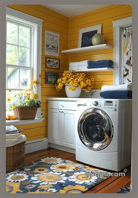 Cool Laundry Room, Yellow Laundry Room, Yellow Laundry, Yellow Laundry Rooms, Laundry Room Colors, White Laundry Rooms, Laundry Room Ideas Small Space, Basement Laundry, Laundry Room Renovation