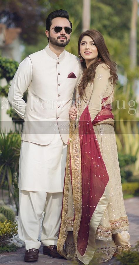 Bride & groom on their nikkah Mehndi Dress For Groom, Engagement Dress For Groom, Nikah Decor, Nikah Outfit, Wedding Kurta For Men, Groom Dress Men, Wedding Outfits For Groom, Nikah Dress, Groom Wedding Dress