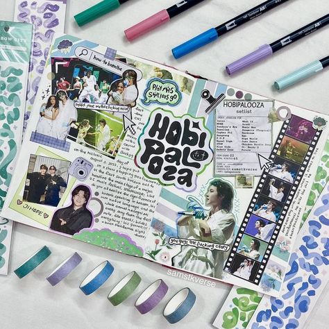 Concert Journal Ideas, Concert Journal Page, Jhope Journal, Bts Scrapbook Ideas, Concert Journal, Concert Scrapbook, Aesthetic Scrapbooking, Stationery Aesthetic, Bts Journal