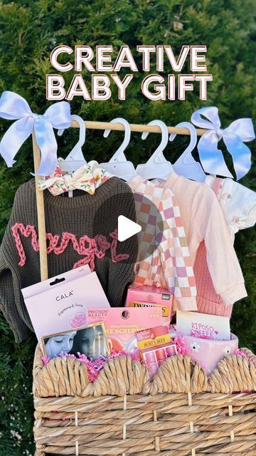 Kerra Lynn Looks on Instagram: "This baby gift DIY is SO cute, SO easy, and will make the baby’s arrival SO special 💕  Save if you know any expecting mamas!🍼  Poles, pink paper fluff, & ribbon: @michaelsstores  Basket: @tjmaxx  Outfits: @marshalls & @tjmaxx  Mom gifts: @marshalls @riposocoffeeroasters @twiningsusa @burtsbees  Zip ties: @amazon   #babygift #babygirl #newbaby #newbabygift #namesweater #mom #momgifts #babyshower #babyshowergift #giftideas #diy #giftidea #newmom #giftinspo" Tjmaxx Outfits, Tj Maxx Clothes, Creative Baby Gifts, Bebe Video, Baby Shower Baskets, Baby Shower Gift Basket, Diy Baby Gifts, Gift Inspo, Gift Diy