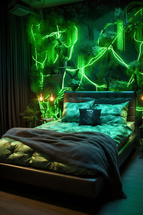 This neon bedroom transports you to a mystical enchanted forest with green neon lights intertwining with forest-inspired decor and rustic furniture, creating a magical and whimsical atmosphere. Cool Green Bedroom Ideas, Green Theme Apartment, Rain Forest Theme Bedroom, Rainforest Bedroom Aesthetic, Moody Jungle Bedroom, Rainforest Themed Bedroom, Rainforest Themed Room, Rainforest Room Ideas, Neon Green Room