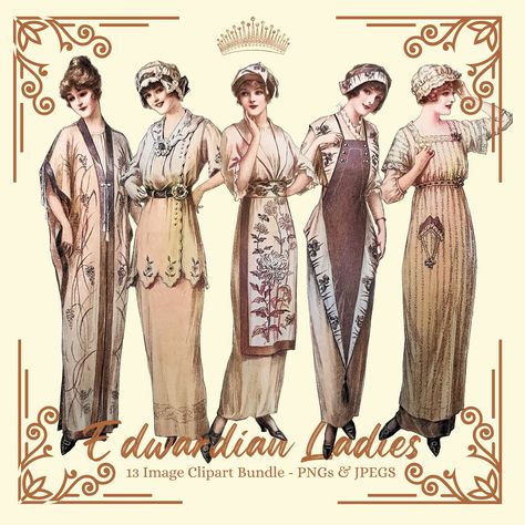 1910s Fashion Edwardian Women's Fashion Dresses Hats Clipart Bundle.  13 quality vintage 1910s women's dresses and hats bags clipart images photographed, restored and colorised. Use these images for junk journals, decoupage, collages, altered art, scrapbooking, card making, and any other creative thing you can think of.  I have really enjoyed putting them together for you. I have collected these images in my collection over two decades in vintage magazines, advertisements, books, postcards, etc. I have a whole house full and thought I would start to share them with others. I have spent a long time going through identifying what I think are the best ones. Using Photoshop I removed the backgrounds of each image and then retouched them to remove any distracting spots from the old paper and st Srpski Jezik, Lady Images, Edwardian Fashion Dresses, Edwardian Lady, Fashion 1910, 1910s Fashion, 1920 Fashion, Fashion Clipart, Jeanne Lanvin