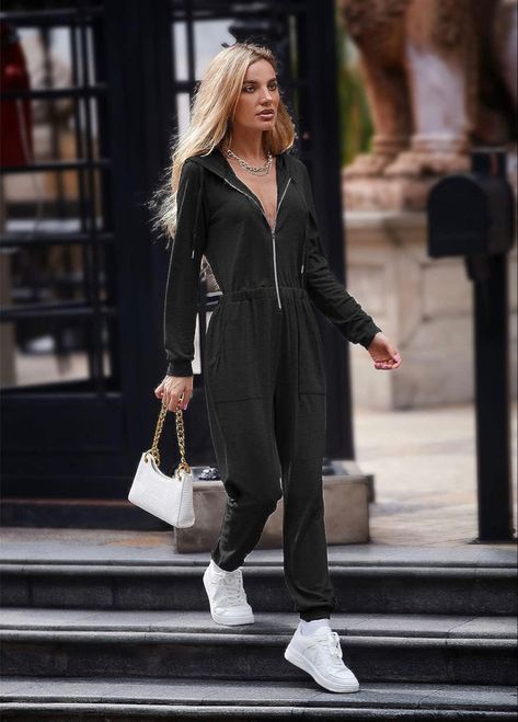 Women's Casual Long Sleeve Hooded Jumpsuits Zip Up One Piece Outfit Romper with Pockets Running Errands Outfit, Hoodie Jumpsuit, One Piece Outfit, Casual Hoodie, Fashion Stylist, Women's Casual, Long Sleeve Hoodie, Jumpsuits For Women, Shoes Jewelry