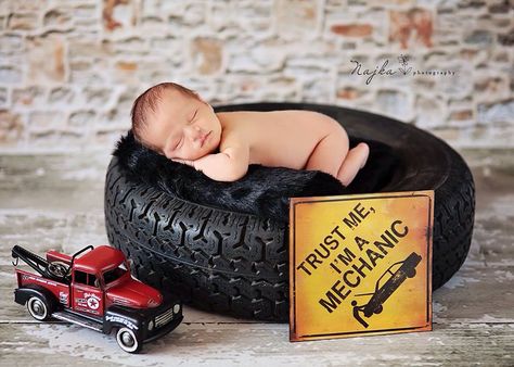 Newborn Tire Pictures, Baby Mechanic, Mother Baby Photography, Baby Boy Newborn Pictures, Baby Boy Newborn Photography, Baby Milestones Pictures, Newborn Photography Boy, Monthly Baby Photos, Baby Pictures Newborn