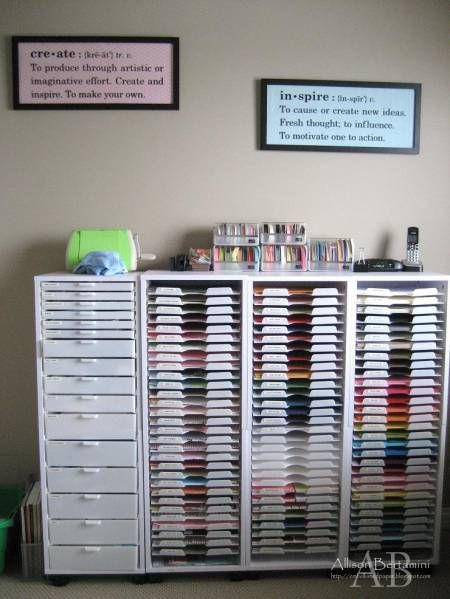 Dreaming.....the drawers, use the wider ones. Vinyl and Mat storage.  Look there is even enough room on each paper slot to label it. Oh my. Craft Room Organisation, Scrapbook Room Organization, Room Organisation, Scrapbook Storage, Scrapbook Organization, Dream Craft Room, Craft Room Design, Rooms Ideas, Scrapbook Room