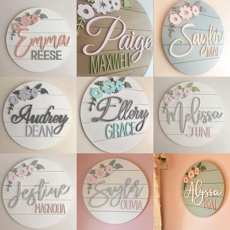 Custom Wood Name Sign 24 Round Sign Floral shiplap | Etsy #babygirlnames #baby #girl #names #signs Tshirt Making, Shiplap Farmhouse, Circle Ideas, Wooden Ideas, Selling Crafts, Glow Forge, Rose Nursery, Name Boards, Wood Name Sign