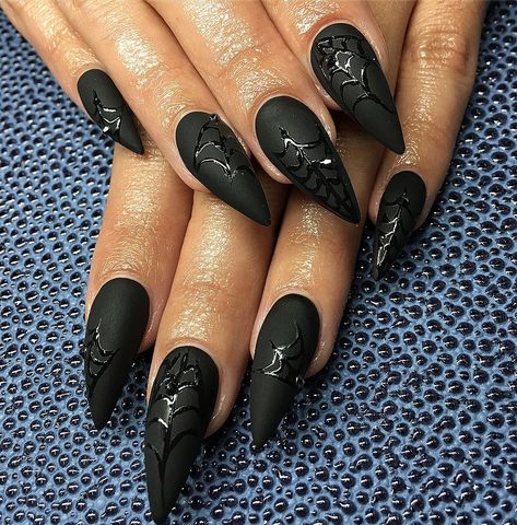 Spiderweb Stilleto Nails, Matte Black Spider Web Nails, Spider Web Nails, Spider Nails, Web Nails, Sharp Claws, Black Stiletto Nails, Witch Coven, Sharp Nails