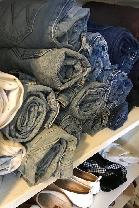 10 Closet Organizing Ideas I Learned From a Stylist | Who What Wear UK Organizing Jeans, Jeans In Closet, Suburban Mansion, Closet Organizing Ideas, Jean Organization, Quality Basics, Rolled Jeans, Closet Hacks Organizing, Skirt Hangers