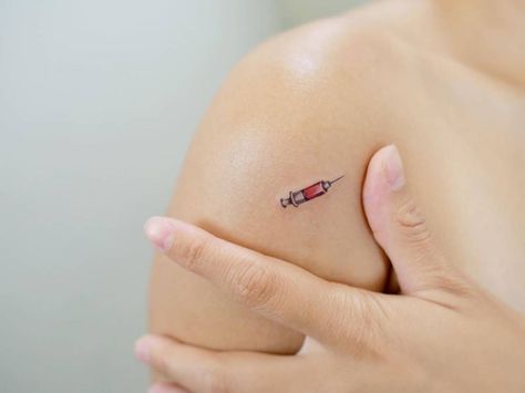 Syringe Tattoo, Crohns Tattoo, Emoji Tattoo, Medical Syringe, Stick Poke Tattoo, Tattoo Artist Tattoo, Nurse Tattoo, Medical Tattoo, Artist Tattoo