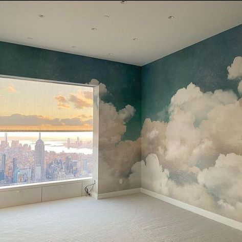 Clouds Wallpaper Bedroom, Wall Clouds Diy, Cloud Painted Walls, Cloud Accent Wall Nursery, Cloudy Room Aesthetic, Cloud Wall Paint, Paint Clouds On Walls, How To Paint Clouds On Ceiling, Cloud Mural Bedroom