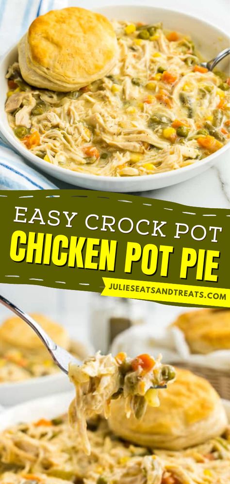 This Crock Pot Chicken Pot Pie is a simple dinner recipe loaded with juicy bites of chicken, and vegetables in a creamy sauce with a biscuit on top. This homemade chicken pot pie will be your new go-to comfort food! Chicken Pot Pie Recipe Crockpot, Slow Cooker Chicken Pot Pie, Crockpot Chicken Pot Pie, Chicken Potpie, Chicken Pot Pie Casserole, Homemade Chicken Pot Pie, Easy Crockpot Dinners, Chicken Pot Pie Soup, Easy Chicken Pot Pie