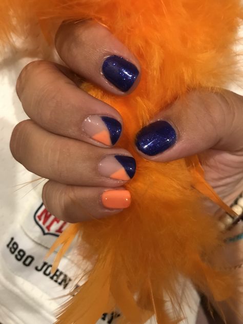 Denver Broncos Shellac Manicure 🧡💙 #BroncosCountry Navy And Orange Nails, Denver Broncos Nails, Broncos Nails, Deco Nails, Navy Nails, Orange Nail Designs, Shellac Manicure, Art Deco Nails, Orange Nails