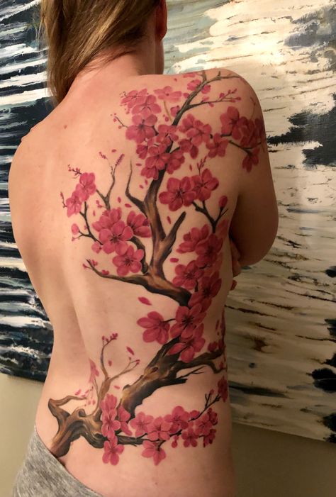 Japanese Blossom Tattoo Back, Sakura Tattoo Shoulder, Japenses Cherry Blossom Tattoos, Cherry Blossom Tree Tattoo On Arm, Sakura Back Tattoo, Japanese Back Tattoo Women, Collarbone Shoulder Tattoo, Sakura Tattoo Design, Sakura Tree Tattoo