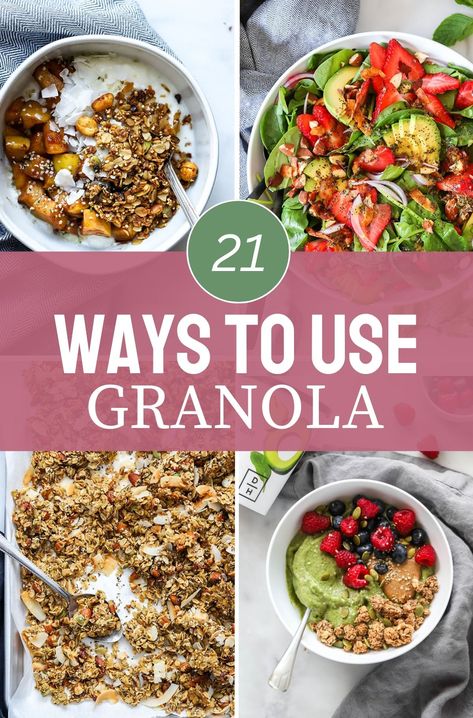 Do you love granola and want some inspiration on new ways to use it? Maybe you have a bag of granola in the pantry and you need some granola breakfast ideas? Here are 21 ideas for what to eat with granola, one of my favorite foods! What To Eat With Granola, Healthy Homemade Granola Recipe, Granola Snacks, Granola Recipe Healthy, Plant Based Recipes Breakfast, Health Women, Compote Recipe, Wellness Selfcare, Peanut Butter Granola