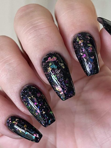 Nail Caviar Designs, Black Opal Nails, Black Nails With Foil, Black And Pink Glitter Nails, Black Crystal Nails, Black Iridescent Nails, Black And Glitter Nails, Pink Nail Dip, Black Glitter Nails