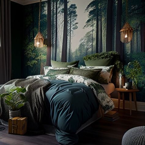 Forest Bedroom Ideas, Forest Themed Bedroom, Bedroom Aesthetic Cozy, Nature Inspired Bedroom, Woodland Bedroom, Cozy Forest, Forest Bedroom, Jungle Bedroom, Design Ložnic