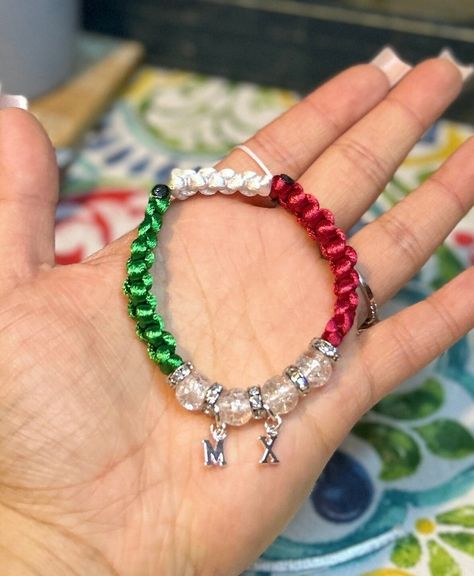 "Mexico charm bracelet with the Mexican flag colors and \"MX\" letter charms.  Adjustable to fit all sizes!" Mexico Flag Bracelets, Mexican Flag Jewelry, Mexican Bracelets On Arm, Adjustable Bracelet Ideas, Latina Picture, Mexican Jewelry Bracelets, Mexican Bracelets, Mexican Flag Colors, Mexico Pictures