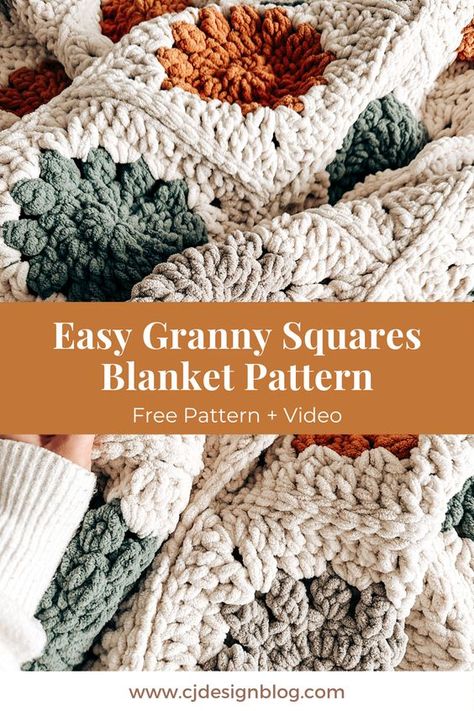 Make this beautiful chunky blanket with the easy-to-follow pattern and video tutorial. Made with chenille yarn. A free crochet pattern by CJ Design Blog Chenille Yarn Crochet Patterns Free, Chunky Yarn Granny Square, Crochet Chenille Blanket, Chenille Crochet Blanket, Chunky Crochet Granny Square, Easy Granny Square Blanket, Flower Granny Square Blanket, Granny Squares Blanket, Chenille Crochet