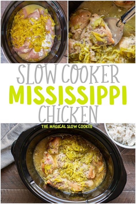 Slow Cooker Mississippi Chicken has ranch and tangy pepperoncinis. Great over rice or mashed potates. - The Magical Slow Cooker #chicken #mississippichicken #easychickenrecipes #dinnerideas #crockpot #slowcooker Chicken In Slow Cooker, Mississippi Chicken, Magical Slow Cooker, The Magical Slow Cooker, Chicken Slow Cooker Recipes, Crockpot Recipes Slow Cooker, Crock Pot Cooking, Chicken Crockpot Recipes, Slow Cooker Chicken