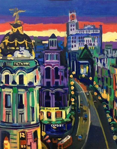 Madrid Painting, Madrid Art, Oil Painting App, Oil Painting Supplies, Building Painting, Scenery Paintings, Dark City, Hiroshima, Painting Supplies