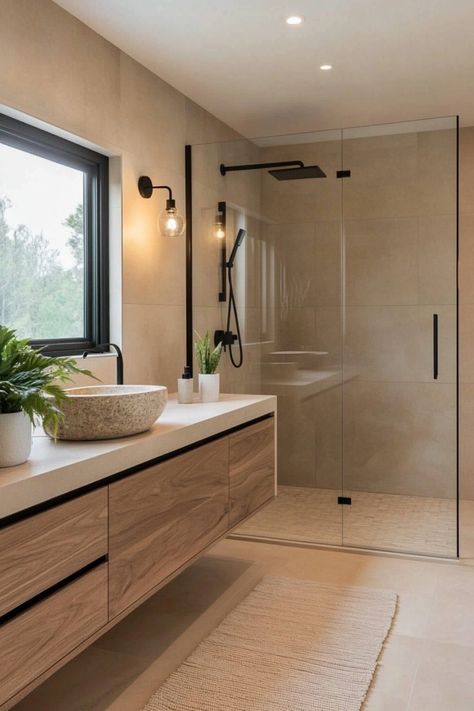 Modern bathroom with glass shower, wooden vanity, vessel sink, and potted plants. Spa Bathroom Ideas Master Bath Decor, Earthy Modern Bathroom, Bathroom Interior Design Luxury Modern, Modern Spa Bathroom, Organic Bathroom Design, Modern Organic Bathroom, Ceramic Tile Ideas, Organic Modern Bathroom, Organic Bathroom