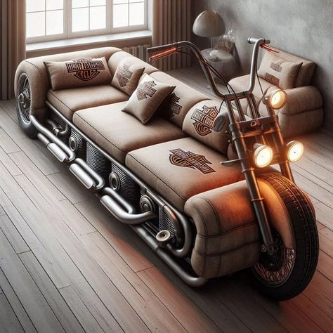 A Harley Davidson-Inspired Sofa To Rev Up Your Living Room Harley Home Decor, Harley Davidson Room Ideas Man Caves, Room Ideas Men, Horses Stuff, Harley Davidson Decor, Open Roads, Vintage Motorcycle Posters, Harley Davidson Art, Vintage License Plates