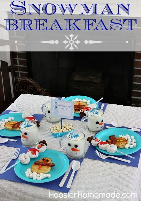 Long, cold Winter days can be difficult to keep the kiddos busy and happy! Creating a fun Snowman Breakfast  for the Kids with Free Printables  complete with ...Snowman Pancakes, Snowman Poop, a Snowman Donut Building Station and Snowman Mugs filled with Hot White Chocolate is just the ticket you need! plus recipes and how to draw snowman faces on clear mugs with sharpies Snowman Breakfast, Snowman Party, Christmas Breakfast Recipe, Christmas Morning Breakfast, Crumpets, Christmas Breakfast, Christmas Goodies, Noel Christmas, Winter Fun