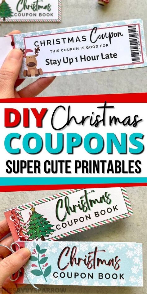 Looking for printable Christmas coupons for kids? These super cute DIY Christmas coupon book templates are perfect to use as last minute stocking stuffers for kids or your husband! And there's 3 different super cute coupon book designs to choose from! Just print the Christmas coupons, cut them out, hole punch and tie together with twine, or staple to make a coupon book. And the PDF is fillable, so you can type in it! Best stocking stuffers ever! Natal, Kids Coupon Ideas, Christmas Coupons For Kids, Coupon Book Ideas, Christmas Coupon Book, Diy Gift For Kids, Coupons For Kids, Coupon Book Diy, Printable Coupon Book