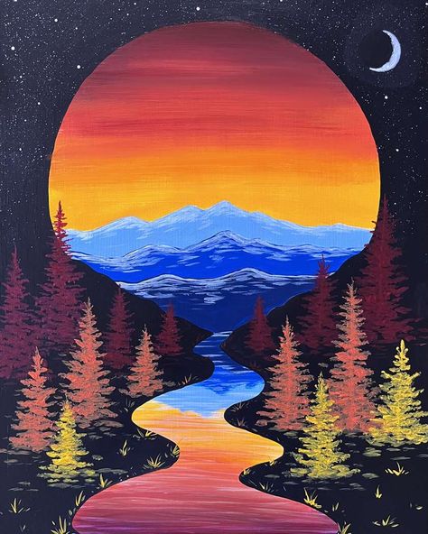 The trail to happiness begins in the mountains! Mountain Acrylic Painting Easy, Garage Murals, Dance Wall Art, Easy Landscape Paintings, Moon Silhouette, Canvas Art Projects, Scenery Paintings, Canvas Painting Tutorials, Paint Night