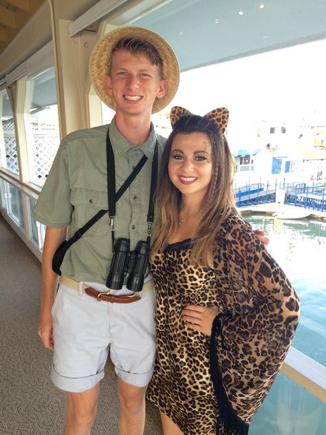 Cheetah and safari tourist Halloween costume Leopard And Hunter Costume, Wildlife Explorer Costume, Hunter And Cheetah Costume, Cougar Hunter Halloween Costume, Cheetah And Safari Couple Costume, Safari Explorer Costume Woman, Tiger And Zoo Keeper Costume, Animal Couples Costume, Cheetah And Hunter Couple Costume