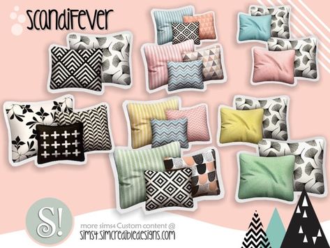 SIMcredible!'s ScandiFever Cushions Sims 4 Pillows Cc, Living Room Sims 4, Sims 4 Cc Furniture Living Rooms, Sims 4 Beds, 4 Pillows, Sims 4 Tsr, Die Sims 4, Sims Baby, Mod Furniture