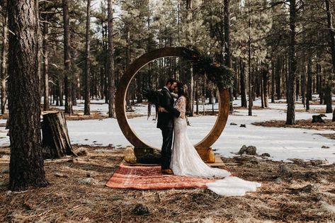 Outdoor Ceremony | Intimate Forest Elopement Inspiration in Flagstaff, Arizona Circle Arch Wedding, Luv Bridal, Madi Lane Bridal, Circle Arch, Madi Lane, Forest Elopement, Wedding Rental, Arizona Elopement, Snow Wedding